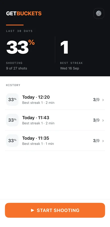 The GetBuckets home screen showing 33% shooting over the last 30 days and a list of past sessions.